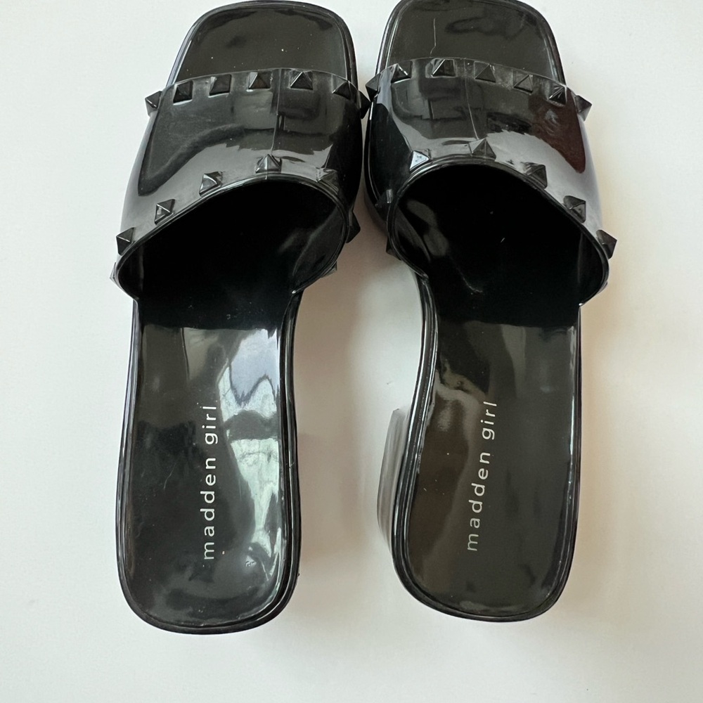 Madden Girl Black Patent Slide Mules with Stud Trim